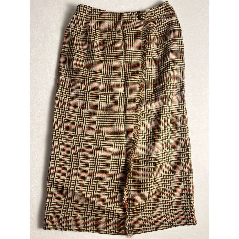 David Brooks Wrap Skirt Wm 10 Tan Plaid Pure Wool Fringe Midi Made USA Cottage